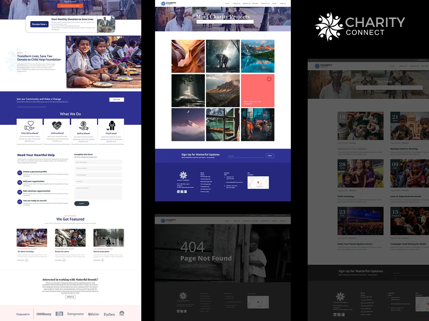 Charity Connect pages: home, causes, gallery and a 404 page