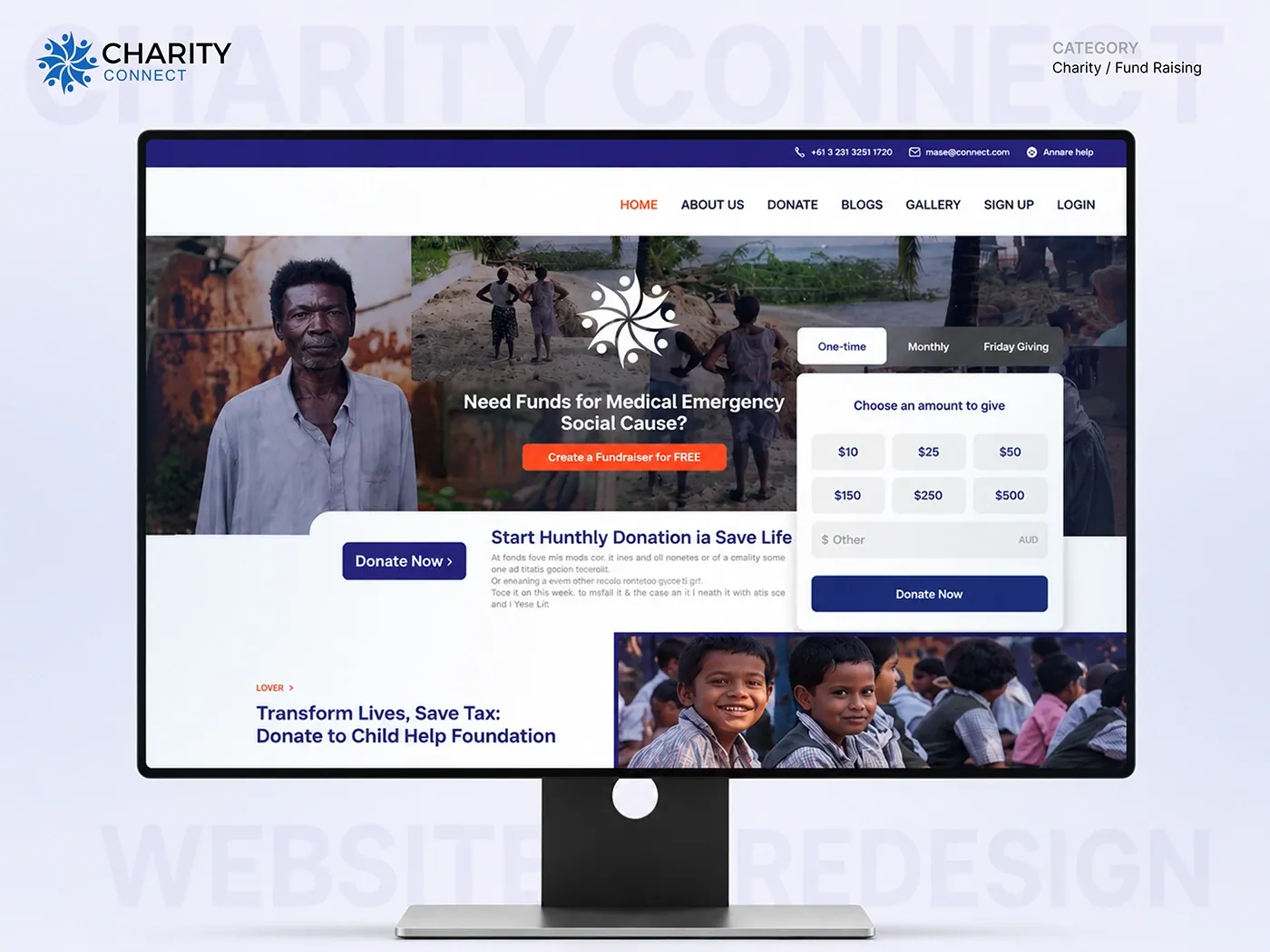 Charity Connect website redesign shown on a monitor: a donation hero with an amount selector