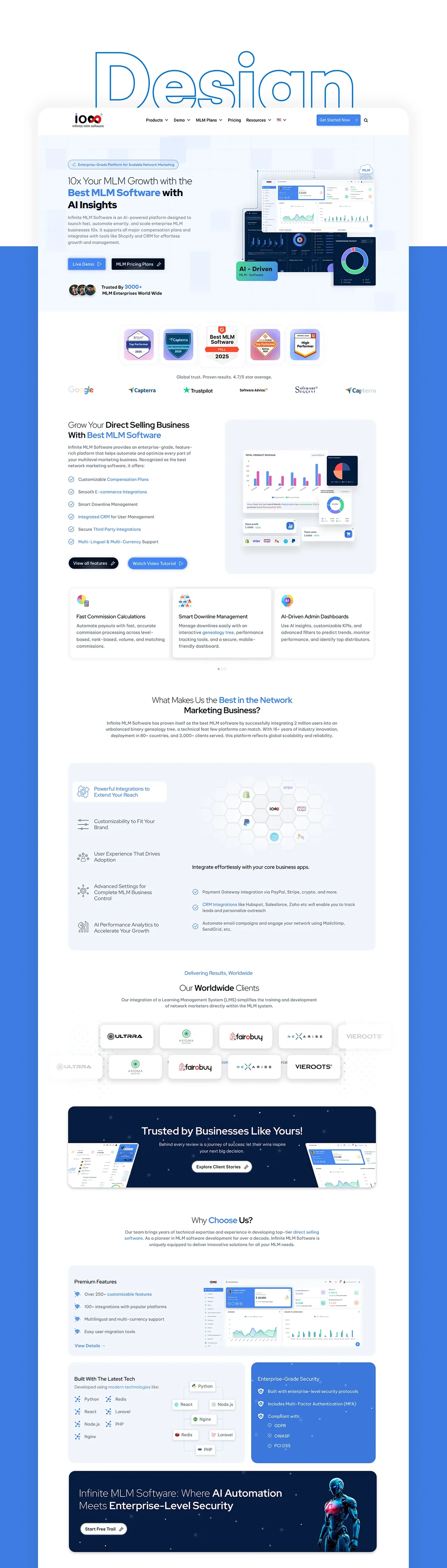Infinite MLM Software redesigned homepage, hero and trust sections