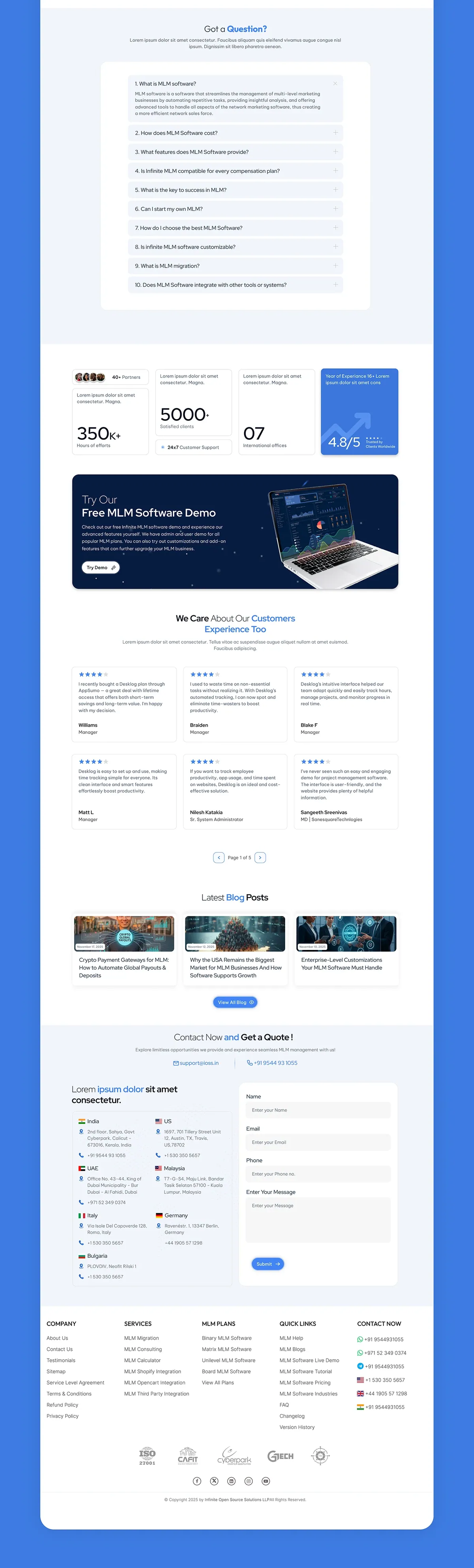 Infinite MLM Software redesigned homepage, FAQ, stats and demo call to action