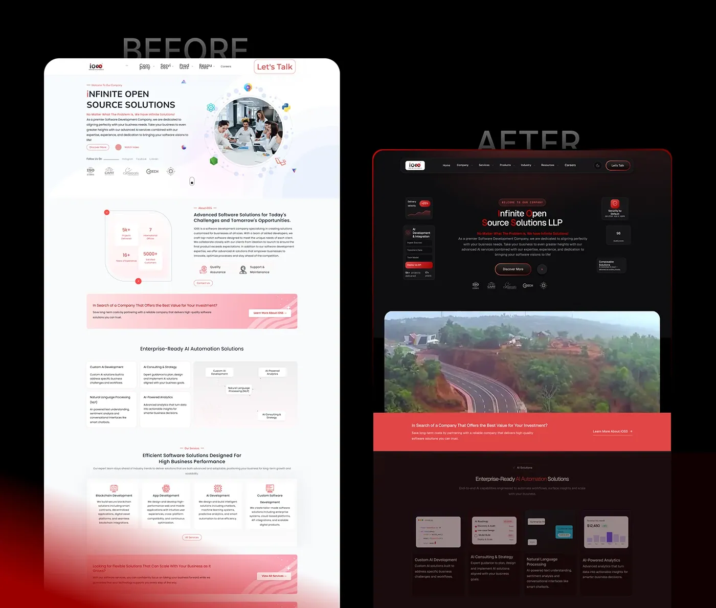 The iOSS homepage before and after the redesign