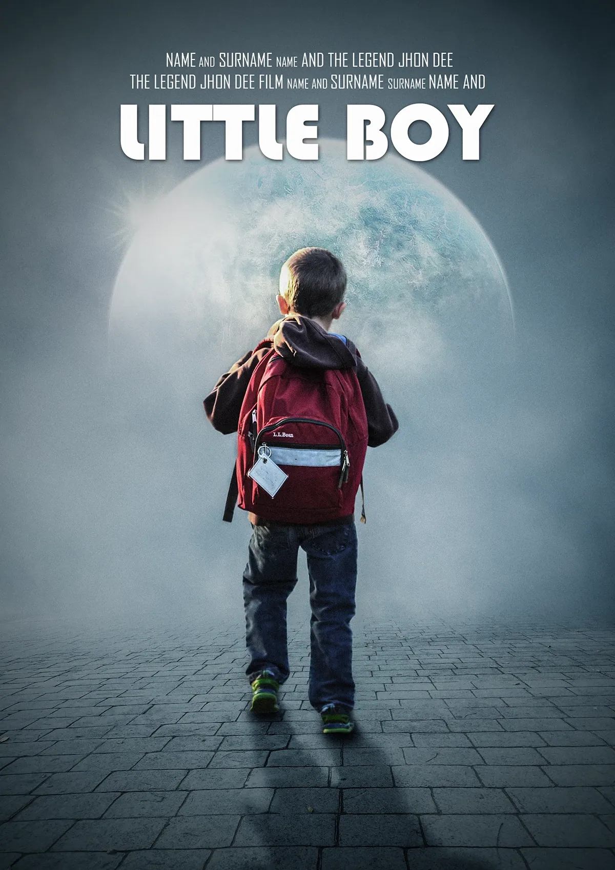 Little Boy movie poster: a child with a backpack walking toward a large moon