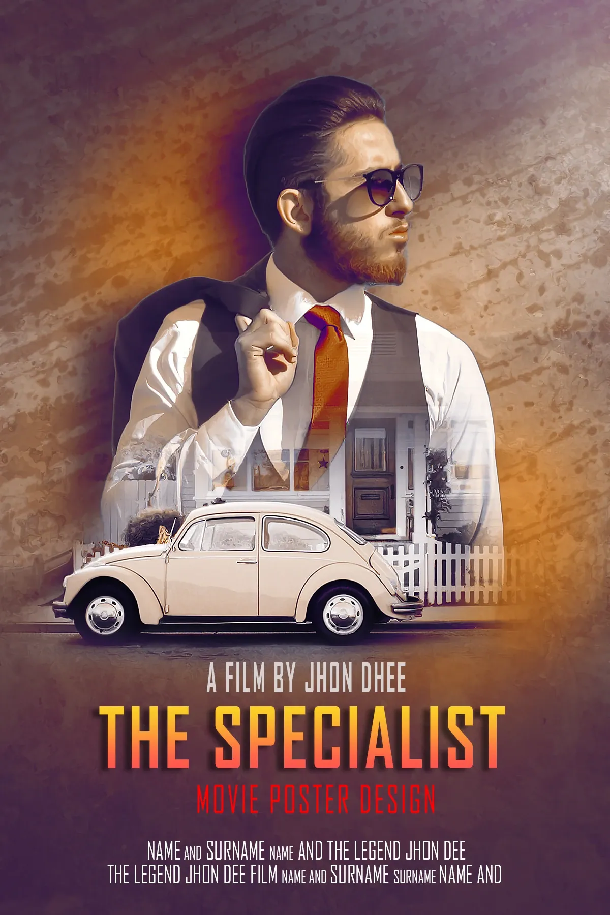 The Specialist movie poster design: a man in a waistcoat above a vintage car