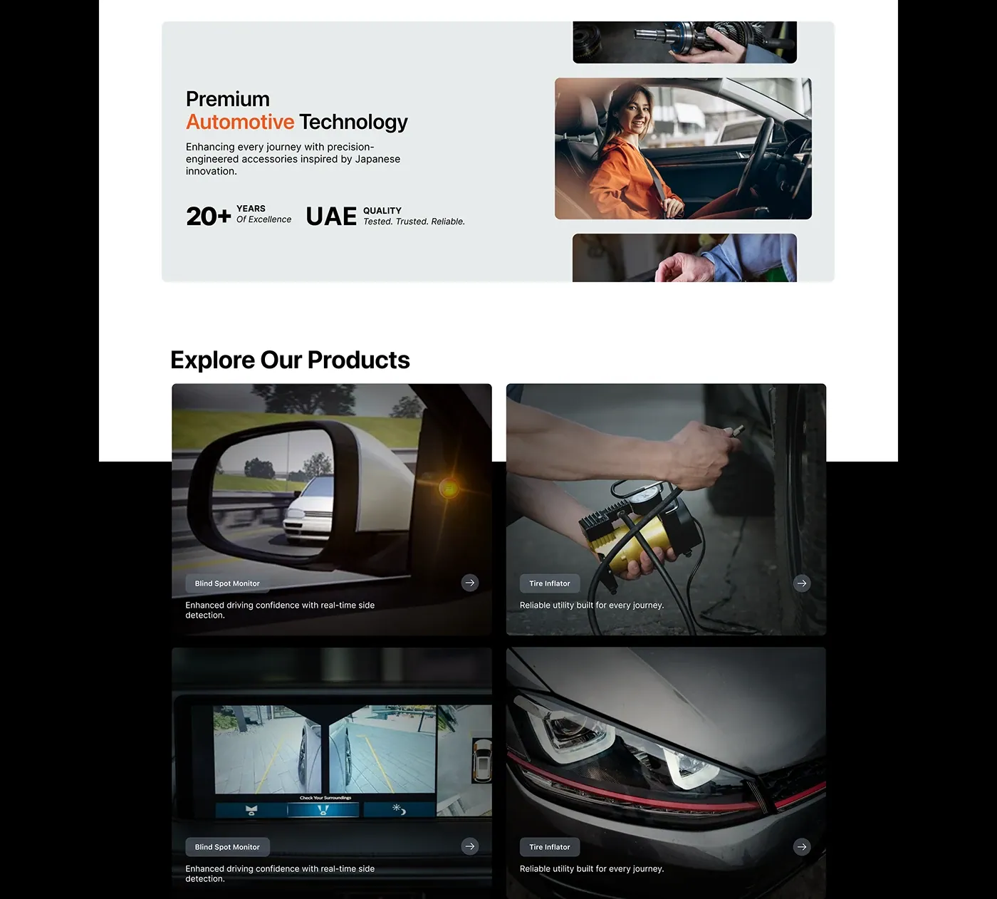 Vectra Auto premium automotive technology section and Explore Our Products grid
