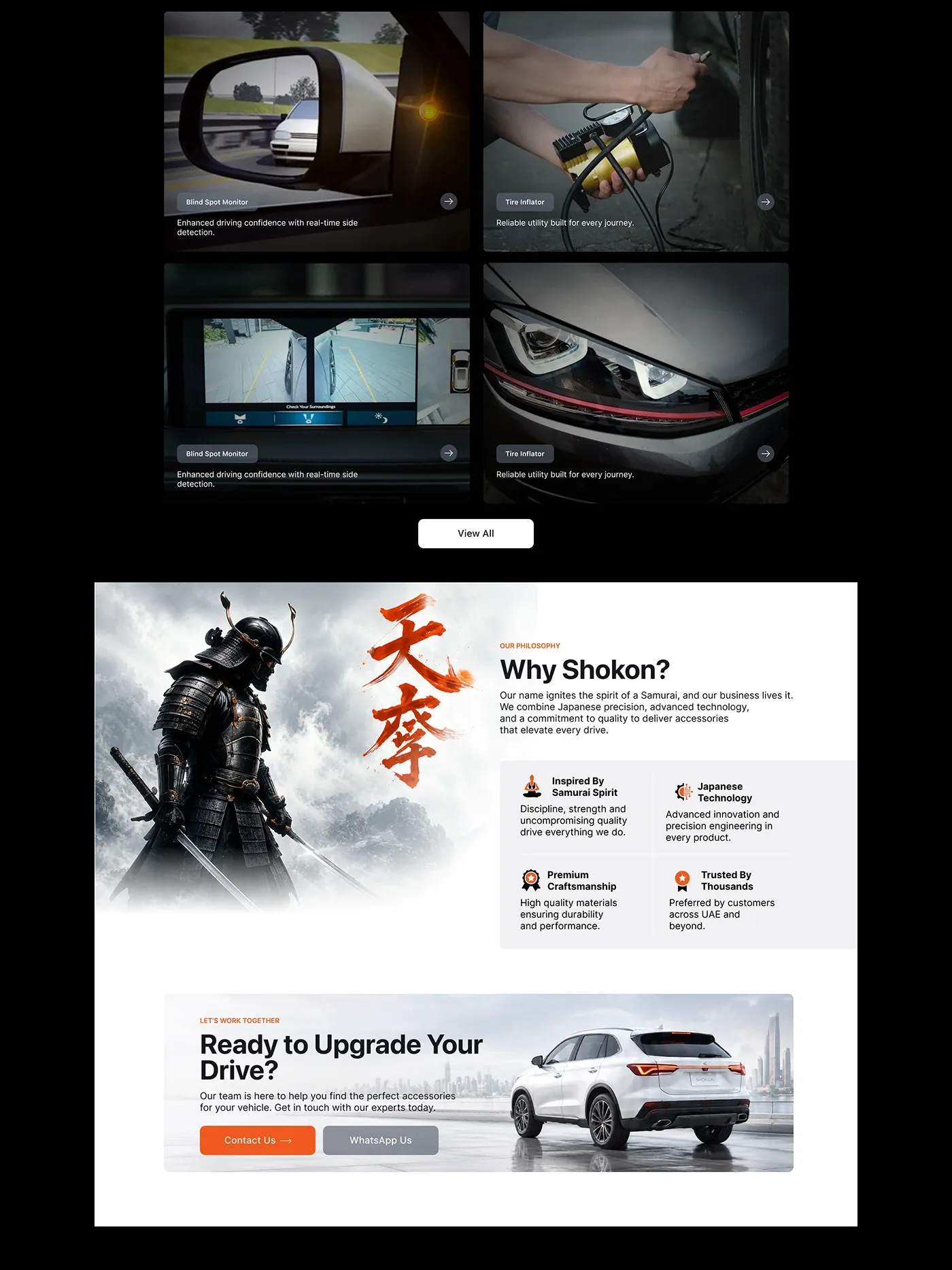 Vectra Auto products, the Why Shokon brand story and a Ready to Upgrade Your Drive call to action