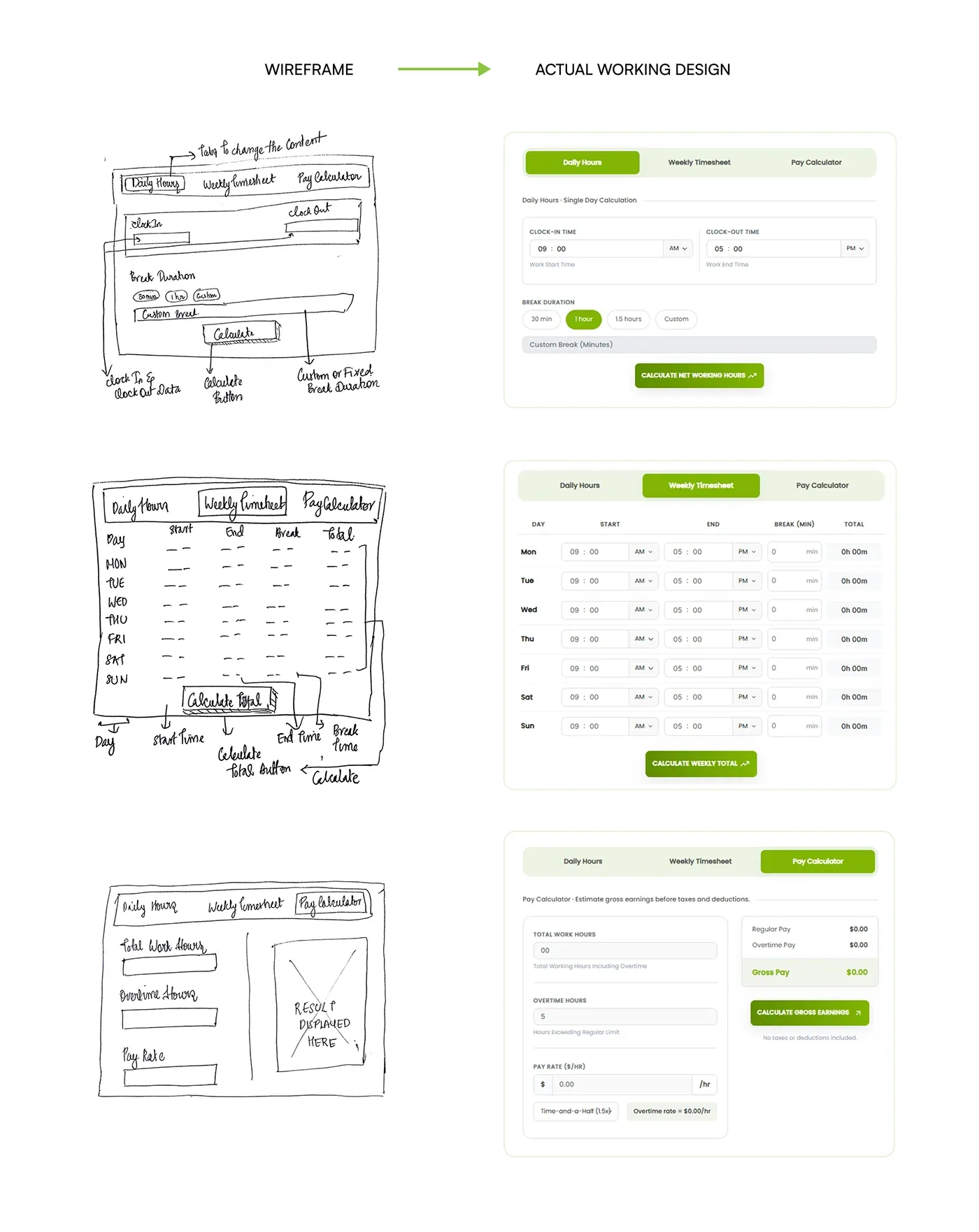Hand-drawn wireframes next to the final Work Hours Calculator screens