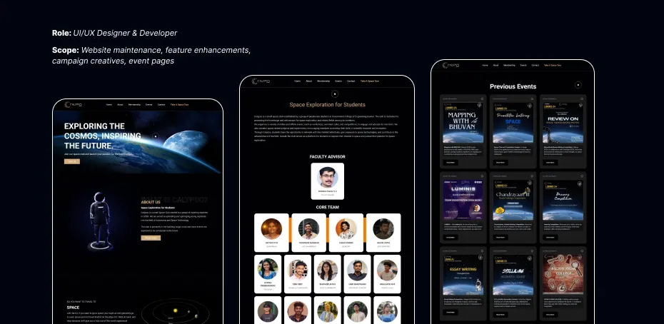 Calypso GCEK website screens on mobile showing events, team members and gallery