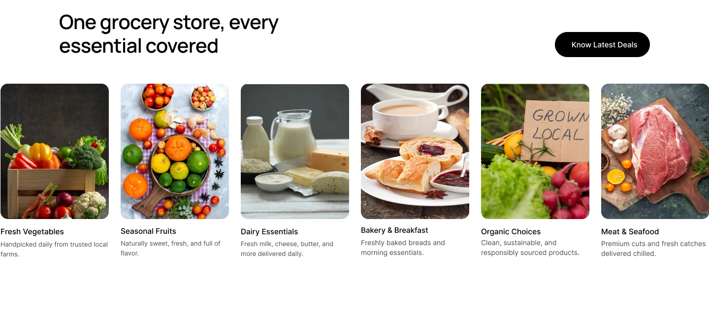 Harvestly category showcase: fresh vegetables, seasonal fruits, dairy essentials, bakery and breakfast, organic choices and meat and seafood