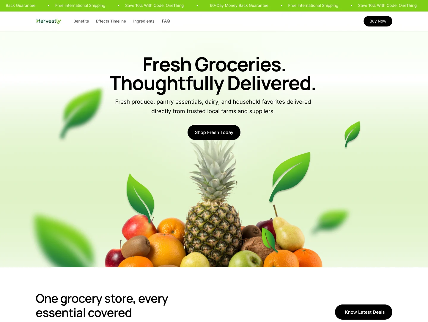 Harvestly landing page hero: Fresh Groceries. Thoughtfully Delivered., with fresh fruit and floating green leaves
