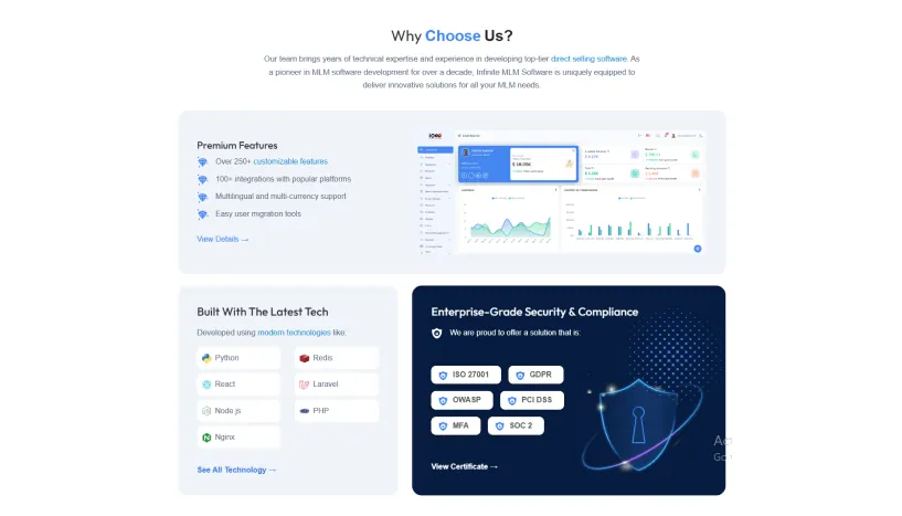 Infinite MLM Software "Why choose us" section with platform features and enterprise-grade security