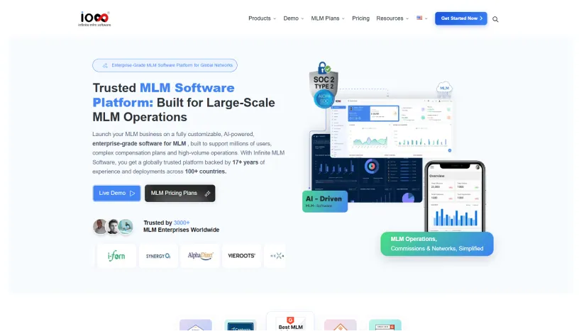Infinite MLM Software homepage hero: trusted MLM software platform built for large-scale operations