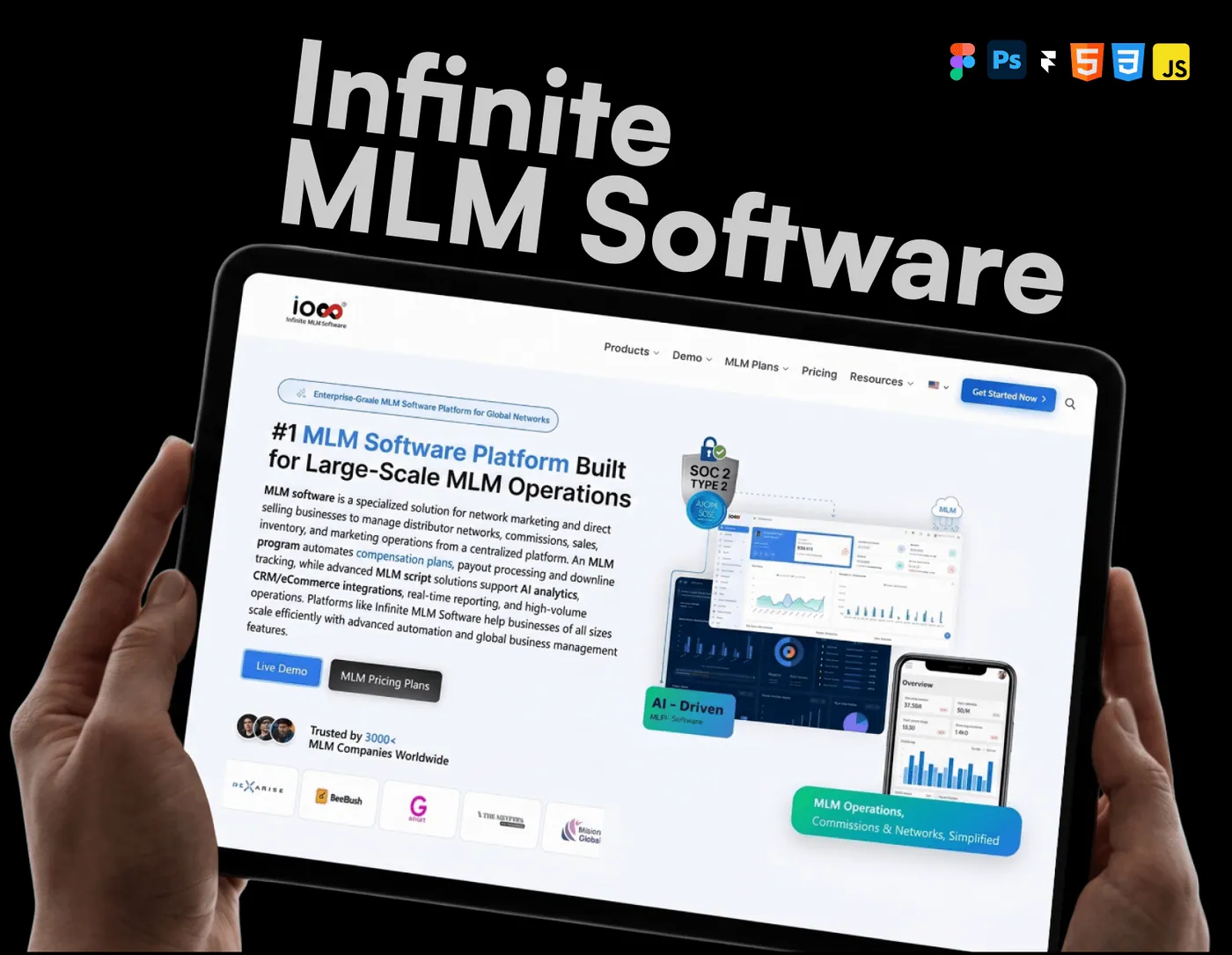 Infinite MLM Software website redesign shown on a tablet