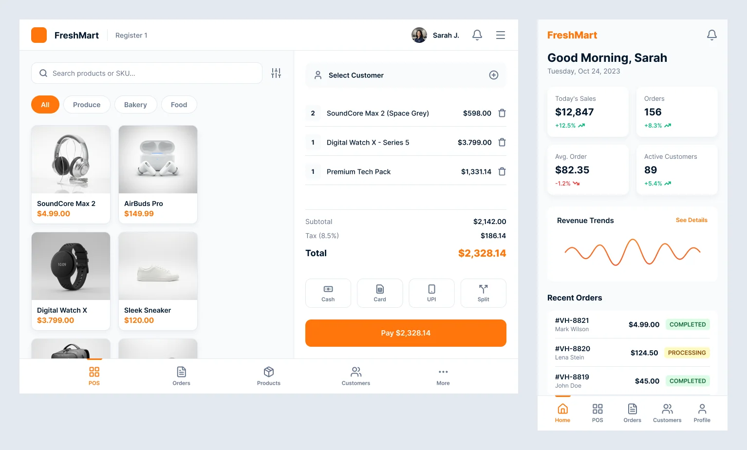 FreshMart POS tablet and mobile layouts