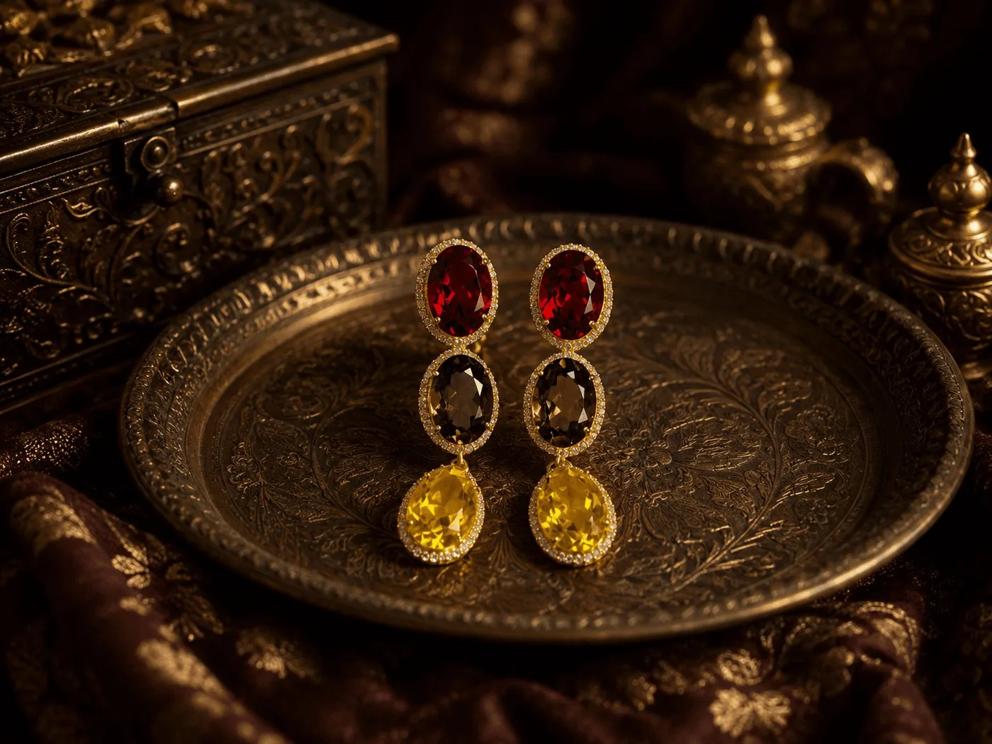 Ruby, smoky and citrine drop earrings on an ornate brass plate