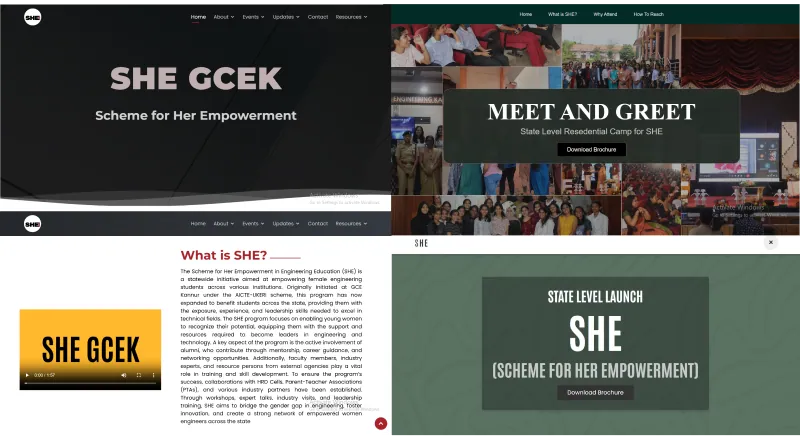 SHE GCEK website screens: Scheme for Her Empowerment homepage, Meet and Greet event and state level launch pages