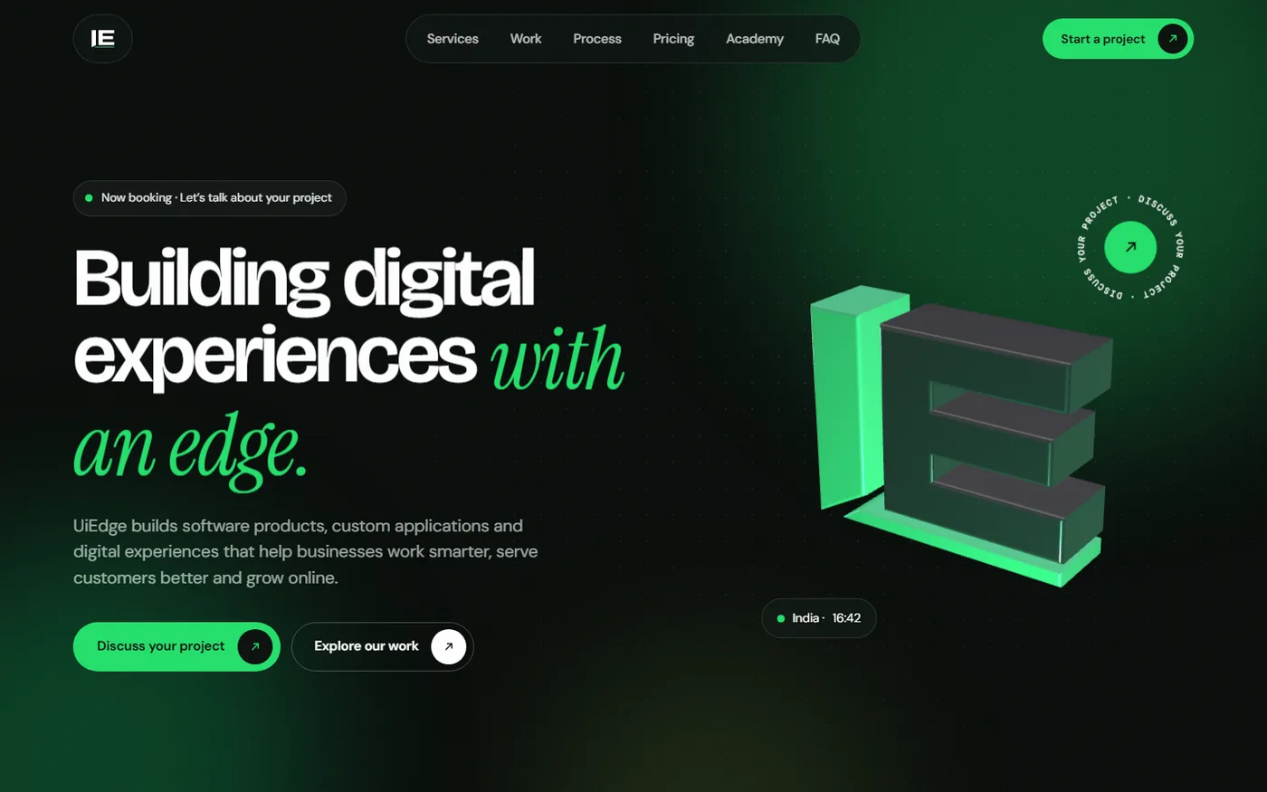UiEdge website hero: Building digital experiences with an edge, with a three-dimensional green IE logo on a dark background